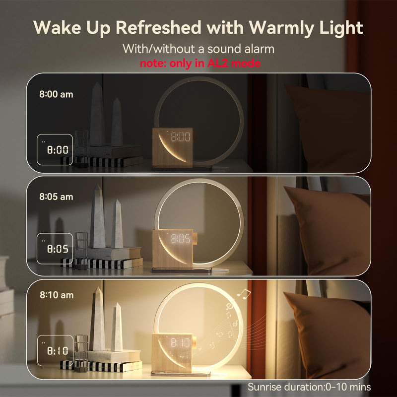 Vivilumens Sunrise Alarm Clock Sound Machine Nightlight, Gradual Wake Up Light, Digital Dimmable Clock, 10 White Noise Sleep Sounds, Snooze, Dual Clocks for Heavy Sleeper Adult, Decor Gifts for Women New Wood Grain