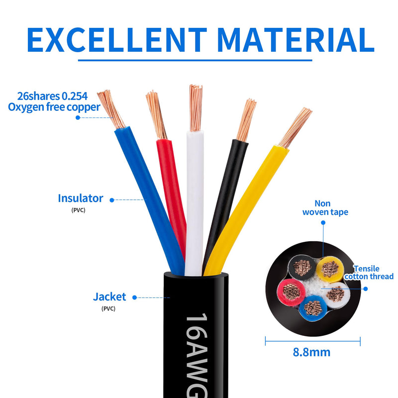16 Gauge 5 Conductor Electrical Wire 16 AWG Electrical Wire Stranded PVC Cord Oxygen-Free Copper Cable 50FT Pure Copper Automotive Wire Heavy Duty 5 Core Way Trailer Wire (16AWG-5C, 50FT) 16AWG-5C