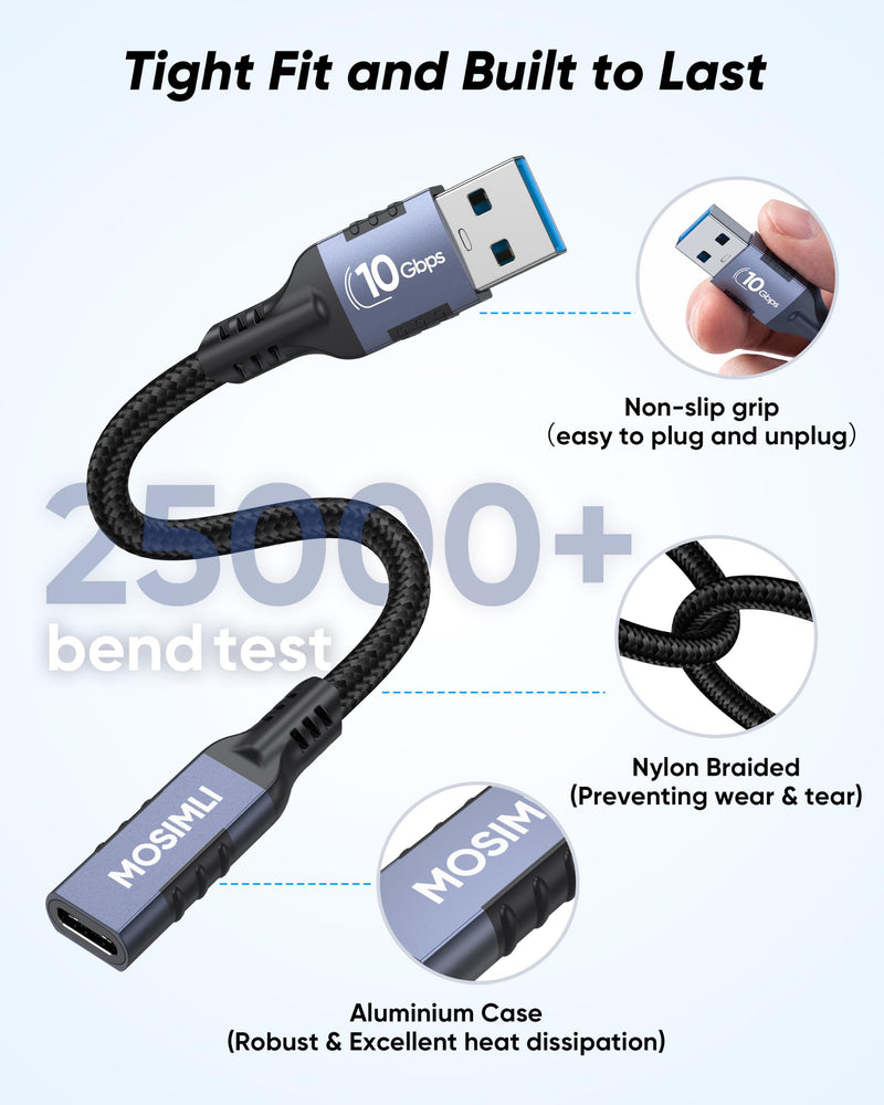 USB to USB C Adapter(0.5FT/6inch), USB C Female to USB A Male Adapter | Non-slip texture, USB 3.1 GEN 2 10Gbps Ultra-Fast Data Transfer, 15W/3A Safe Charging, for Laptop(with old usb), PC, SDD Blue-gray 0.5FT 1