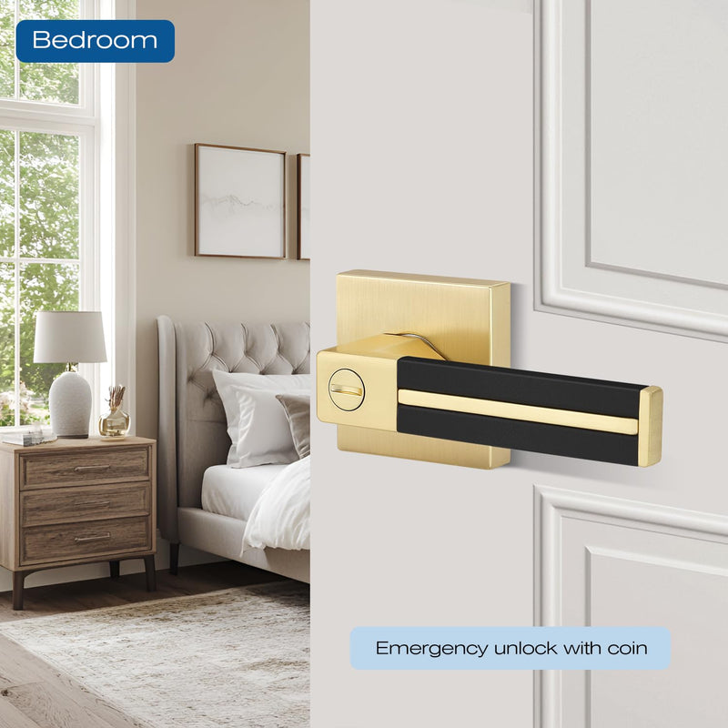 Gold Door Handle 1 Pcs, Privacy Door Levers with Black Leather Handle, Brass Interior Bedroom Bathroom Door Knob, Heavy Duty Privacy Bed/Bath Door Lockset, Reversible for Right/Left-Handed Door 1 Pack Privacy Door Handle - No Key