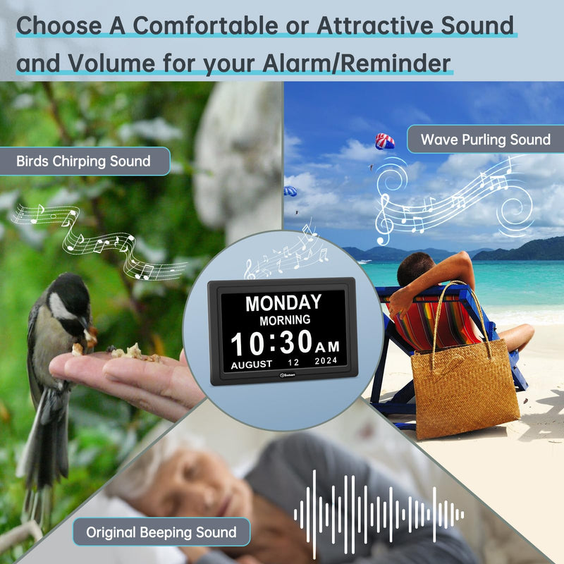Soobest Dementia Digital Clock for Seniors Elderly, 20 Alarm Reminders 3 Ringtones for Memory Loss Alzheimers, Electric Time Date Day Large Display Calendar Clock, Auto DST, 1024 * 600P HD 7" Hd Black (Plug-in)