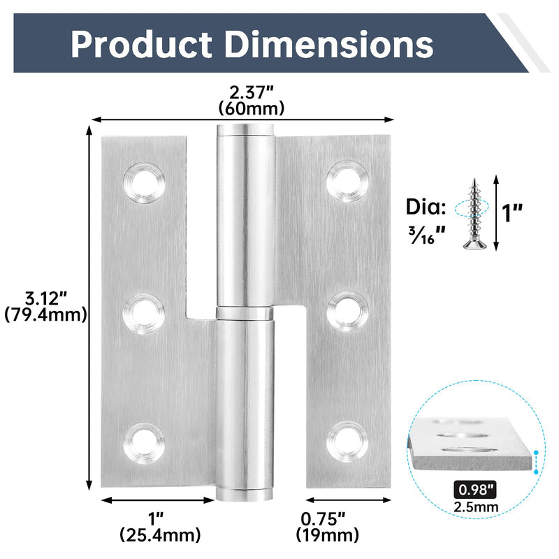 Lift Off Hinge 3" Removable H Hinge Brushed Stainless Steel Flag Hinges for Bedroom Kitchen Bathroom Door Wooden Boxes Cases Versatile Usage Anti Rust, 3 Left + 3 Right, Load 40LB/Set 3in Left+Right