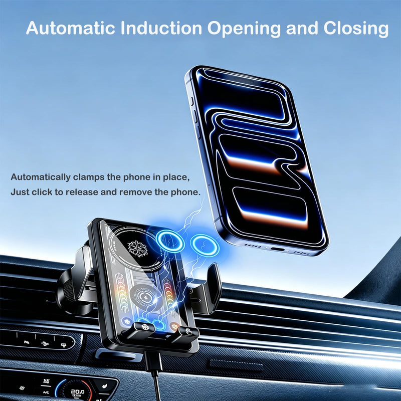 Cooling Charging Car Phone Holder, Smart Car Vent Phone Stand With Induction Auto-Clamping, 15W Wireless Car Charger Mount with RGB Ambient Light, Car Vent Phone Bracket with Cooling Fan for iPhone Black