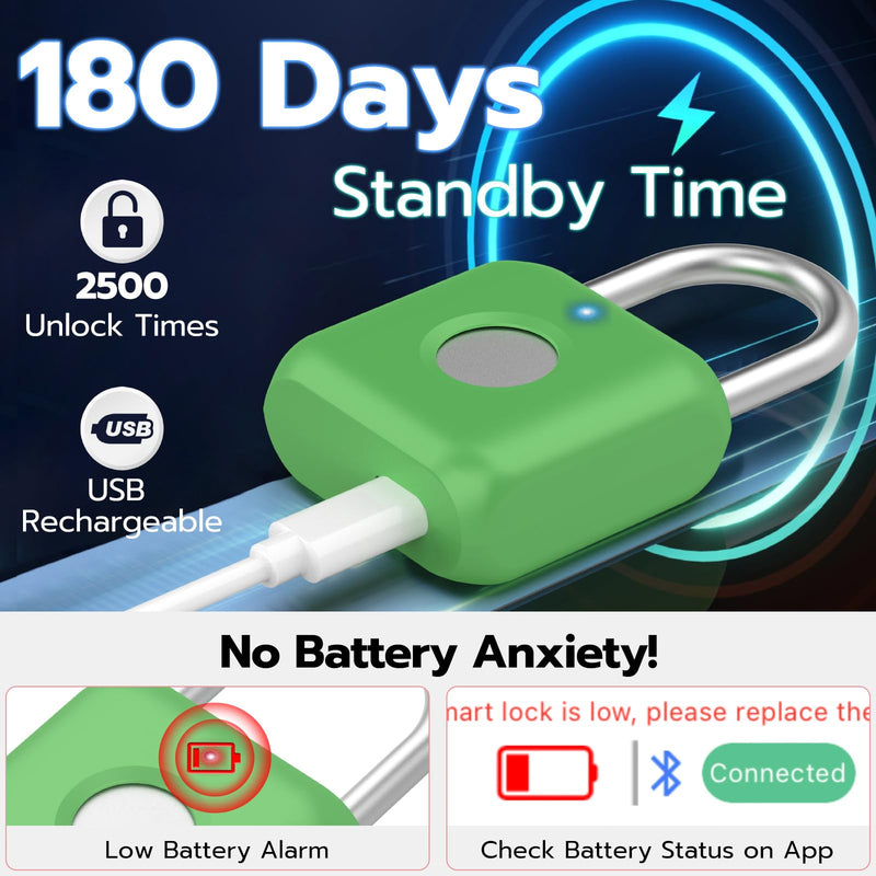 Fingerprint Padlock,Gym Locker Lock,Smart Padlock with APP Unlock,Fingerprint Lock USB Rechargeable for Gym Locker,Locker, School,Storage, Luggage Green