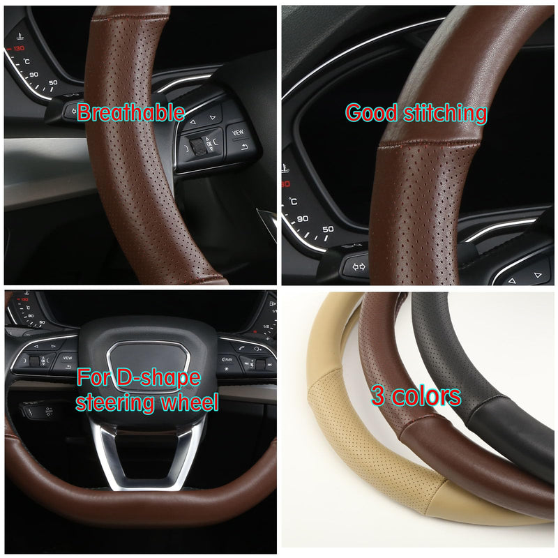 Cxtiy D Shaped Steering Wheel Cover, Genuine Leather Flat Bottom Stearing Wheel Cover Luxury Car Accessories 14 1/2-15 inch (Brown) Brown