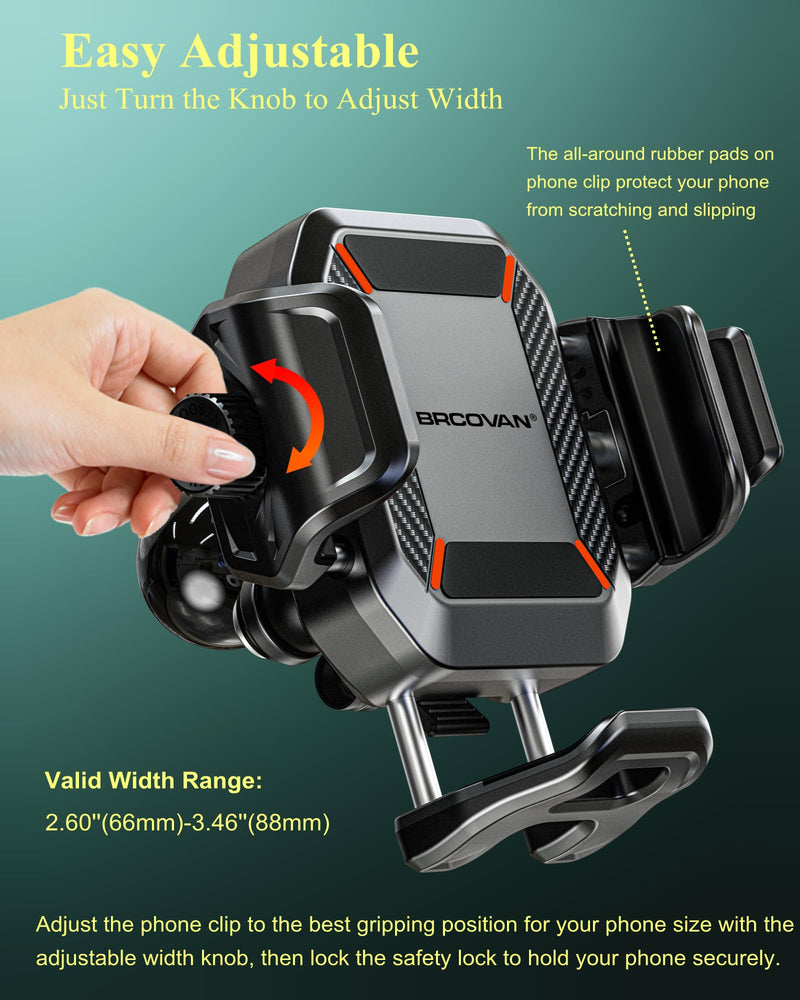 BRCOVAN Anti-Theft Phone Mount Holder with Vibration Dampener, 1s Locking | Don't Block Camera, with Aluminum Diamond Base & Medium Arm, for Car Boat Truck Motorcycle UTV, Fit 5.4-7.2'' Smartphones