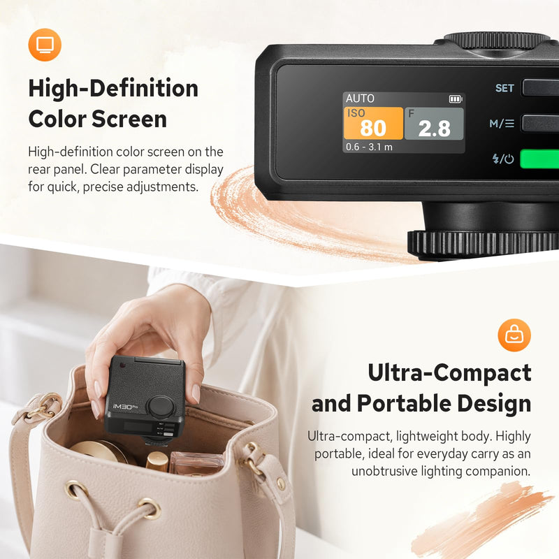 Godox iM30Pro iM30 Pro Mini Camera Flash, GN15 Mini Flash, AUTO/Manual Mode | 550 Full-Power Flashes, 1.5s Recycle Time, HD Color Screen, Built in Lithium Battery, Tiltable Head, Single-Contact Hotshoe