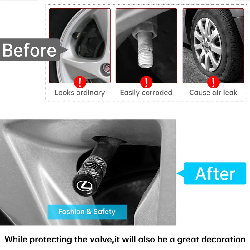 Tire Valve Stem Cap for Lexus Metal Tire Stem Cover with Belt O-Ring Air caps Sports Accessories 4 Pieces (Black) Black-04