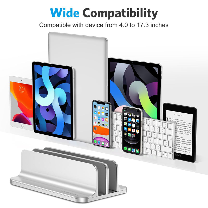 OMOTON Vertical Laptop Stand [Updated Double Version], Desktop Aluminum Mac Book Stand with Adjustable Dock Size, Fits All Mac Book, Surface, Chrome Book and Gaming Laptops (Up to 17.3 inch) (Silver) Silver