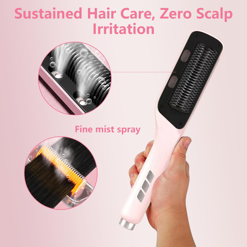 3-in-1 Steam&Essential Oil Hair Straightener Brush,30s Fast Heating | 3-Level Adjustable Temp Straightening Brush,Corded Portable Anti-Scald Hair Curler,Hot Comb for Travel,Gift for Mom,Friend