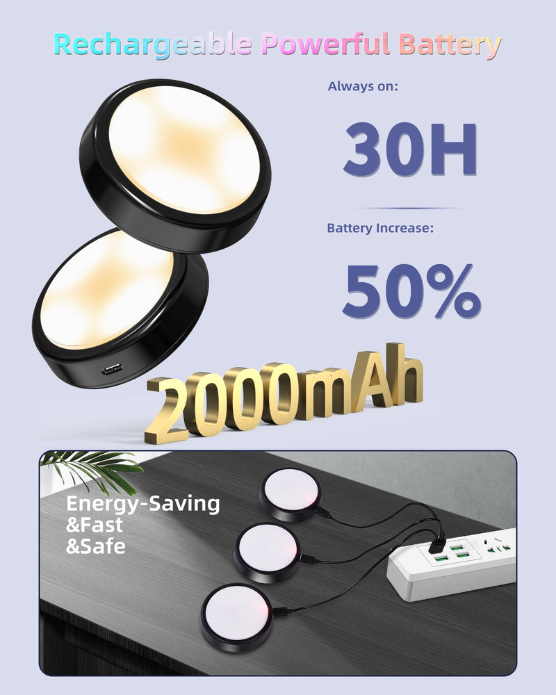 HOLKPOILOT Puck Lights with Remote,Under Cabinet Lights,2000mAh Battery Operated Closet Lights,Magnetic Under Cabinet Lighting Wireless, 3 Color Temps &7 RGB Colors，Black Rechargeable Puck Lights. Rechargeable-6pack-black