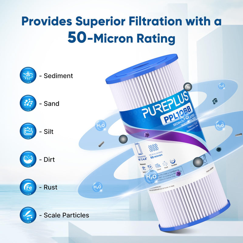 PUREPLUS 50 Micron 10" x 4.5" Extra Coarse Pleated Sediment Filter for Well Water, Replacement Cartridge for GE FXHSC, Culligan R50-BBSA, Pentek R50-BB, DuPont WFHDC3001, W50PEHD，GXWH40L, 2Pack 2 Count (Pack of 1)