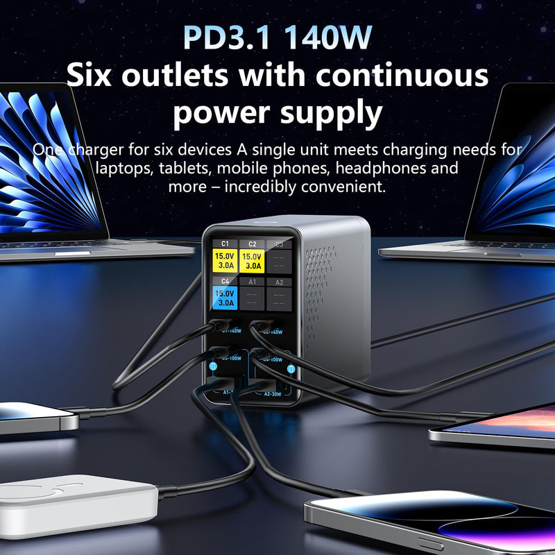 140W 6-Port GaN USB C Charging Station with LCD Smart Display | Desktop Fast Charger for Multiple Devices, Compatible with MacBook, iPhone, iPad, Galaxy, Home Office,Gaming Accessories