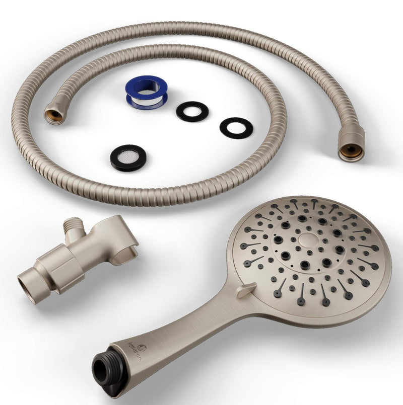 Aquarius Handheld Brushed Nickel Shower Head With Hose (Extra Long) Luxury Spa Grade High Pressure Hand Held Showerhead With 6 Spray Settings - Adjustable Brass Ball Holder & Teflon Tape Standard 2.5 GPM