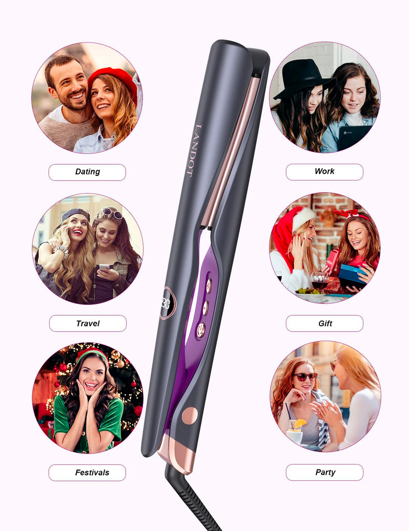  [AUSTRALIA] - LANDOT Hair Straightener and Curler 2-in-1, Twist Flat Iron, Dual Voltage | Curved Floating Ceramic Plates for Straighten Curl Wave, Sleek Frizz-Free Styling, Fast Heat-Up 120-230°C, Heat Resistant Mat Black