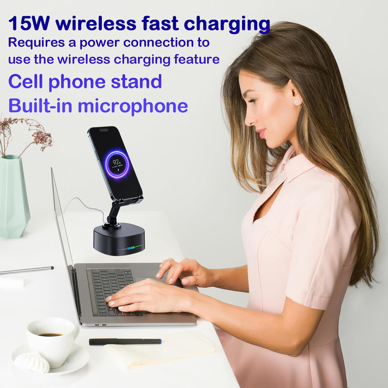 Bluetooth Speaker with Wireless Charging and Cell Phone Stand,Best Speaker Stand for iPhone/iPad/Samsung Galaxy,HD Surround Sound Perfect for Home and Outdoors,Creative Gift (Black) Black