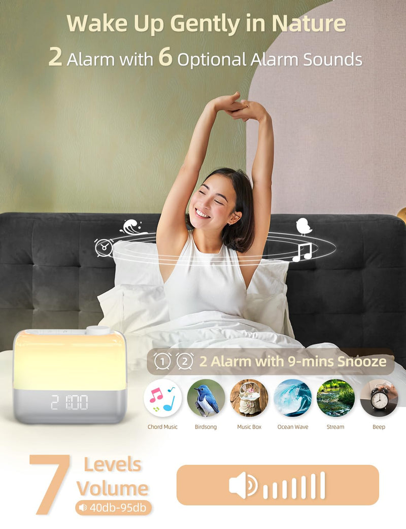 Sunrise Digital Alarm Clock for Bedroom: Wake-up Light, RGB Ambient Night Light, 9-Mins Snooze, 6 Natural Sounds, 7 Volume, Rechargeable Battery, Dual Loud Alarms for Heavy Sleepers (Silver)