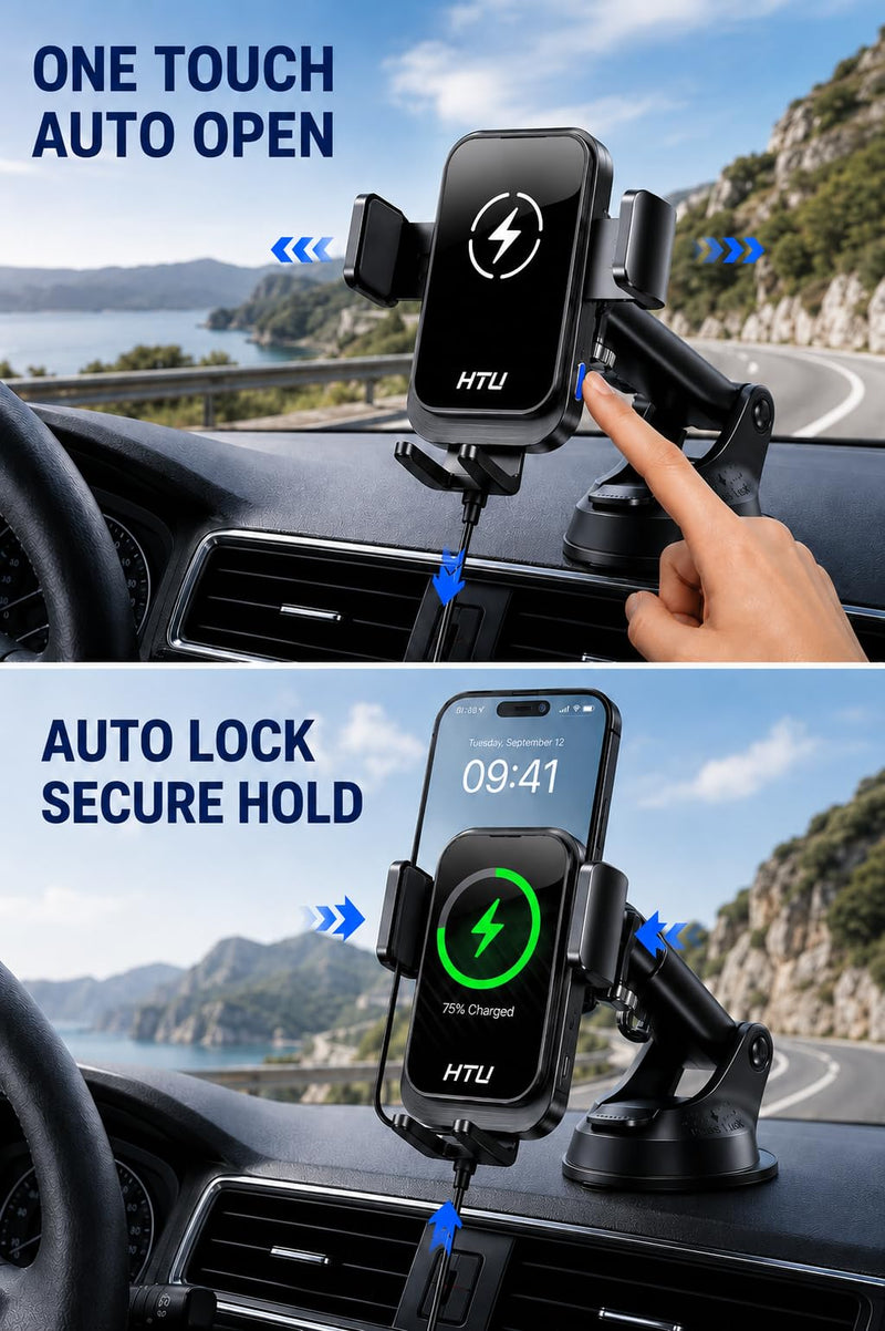 2026 Upgraded Wireless Car Charger Mount, 【Strongest Suction & Military-Grade Certs】 15W Fast Charging Auto-Clamping Phone Holder for Dash Windshield Air Vent, Fit for iPhone & Android, Jet Black