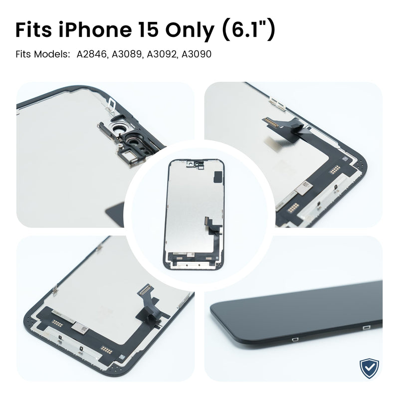 AuraLens for iPhone 15 Screen Replacement Kit LCD Touch Display Assembly | A2846 A3089 A3090 A3092, FHD INCELL Digitizer 6.1 Inch, COF, Pre-Tested, Repair Tools, Waterproof Adhesive, Screw Pad, Black For iPhone 15 (6.1")