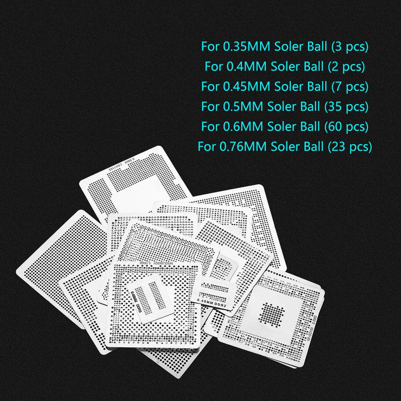 BGA Reballing Stencils, 130pcs BGA Universal Reballing Rework Net Stencils Steel Template Mesh Directly Heat Set Kit