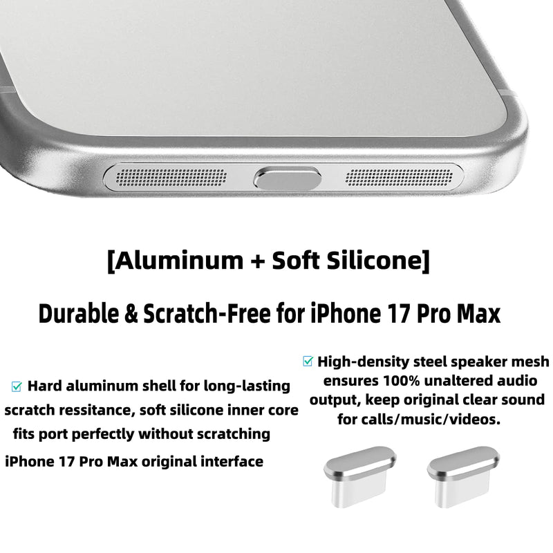 iPhone 17 Pro Max Speaker Dust Cover Accessories , Usb C Dust Plug, Sliver | Speaker Protector Mesh Covers,Charger Cover, Metal Attracting Ring for Phone Case,Zero Sound Loss,Invisible Fit,Residue-Free iphone 17 Pro Max USB Slivery