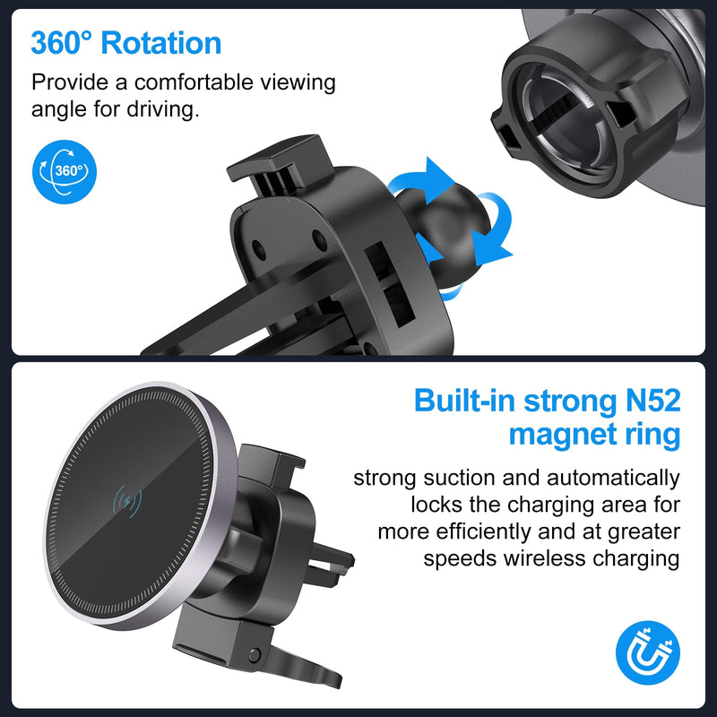Car Mount Charger-15W Fast Charging Wireless Car Charger-Magnetic Car Phone Holder for Dashboard Air Vent - Rotation 360° & HandsFree