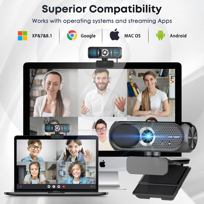 1080P HD Webcam with Microphone, Noise Cancellation, Privacy Cover, Wide-Angle Lens, Auto Light Correction, Plug & Play USB Webcam for Laptop, Desktop, PC, Mac, Zoom, Skype, Streaming (Black) Black