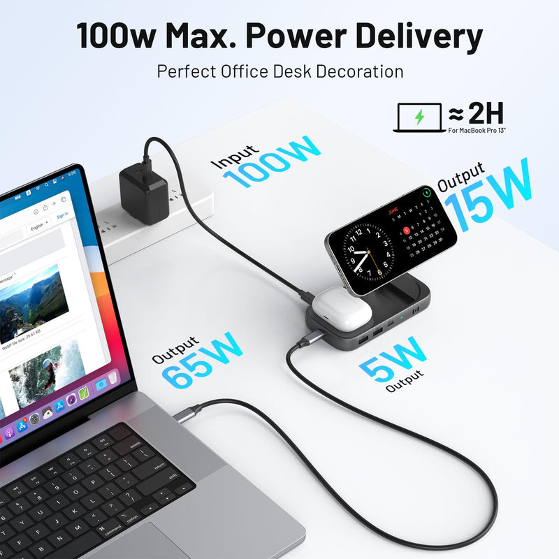 Selore USB C Hub with Wireless Charging for MacBook: 4K@60Hz HDMI, 100W PD, 15W Qi2 + 5W Wireless, 10Gbps Ports, iPhone Mirroring Docking Station & Magsafe Stand, Space-Saving Desk Organizer(Black) Black