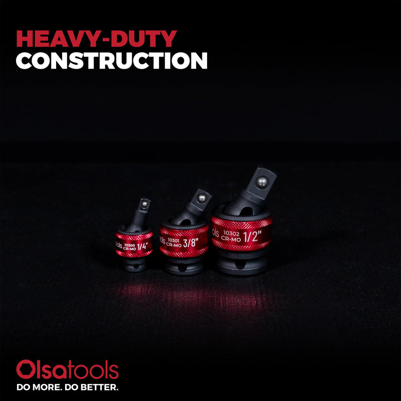 Olsa Tools Impact Universal Joint Socket Adapter Set - 3Pc 1/2",3/8" & 1/4" Drive - 30° Swivel Angle Sockets - Cr-Mo Impact Rated - Durable Mechanics Tool - Part 1459 1/4, 3/8 & 1/2" Drive
