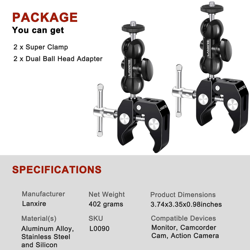 Super Clamp Camera Mount with Double Ball Head Magic Arm and 1/4" Screw - 360° Rotation - Fits for Camera, GoPro, Insta360, Action Camera, Monitor, Microphone - 1/4" and 3/8" Threaded Holes