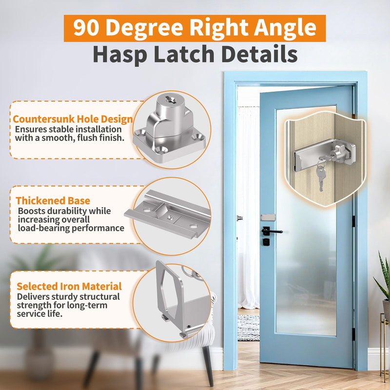 90 Degree Sliding Door Lock, Security Right Angle Hasp Latch Lock, Gate Latch Fit for Barn, Garden, Fence, Patio (Silver, 3.3 in with Key-2 Pcs) Silver