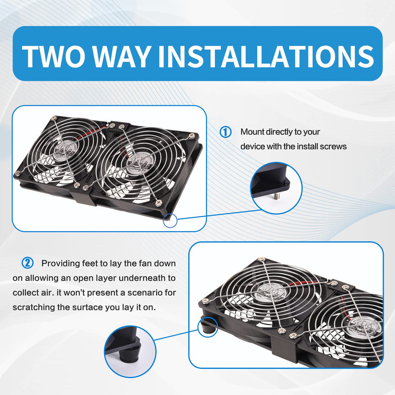 Dual 120mm High CFM Computer Fans with AC Plug, AC 110V - 240V Variable Speed Fan, Cooling for Server Closet Cabinet Mining Machine Chassis Workstation