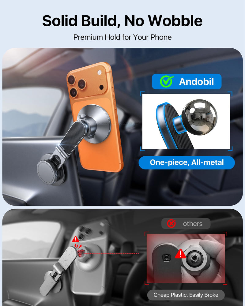 andobil Upgrade Tesla Phone Mount [Strong Magnet & Foldable] MagSafe Car Mount for Tesla New Model Y Juniper Model 3, 360° Adjustable Tesla Phone Holder fits iPhone 17 16 15 Pro Max, Tesla Accessories Metallic Sliver