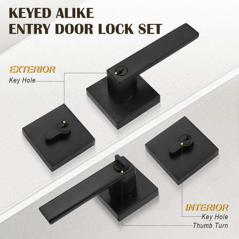 1 Pack Flat Black Square Entry Levers Locksets and Double Cylinder Deadbolts Combination Set, Heavy Duty Front Door Office Entrance Levers, Keyed Alike(All Same Keys) 1 Pack Modern Light Black