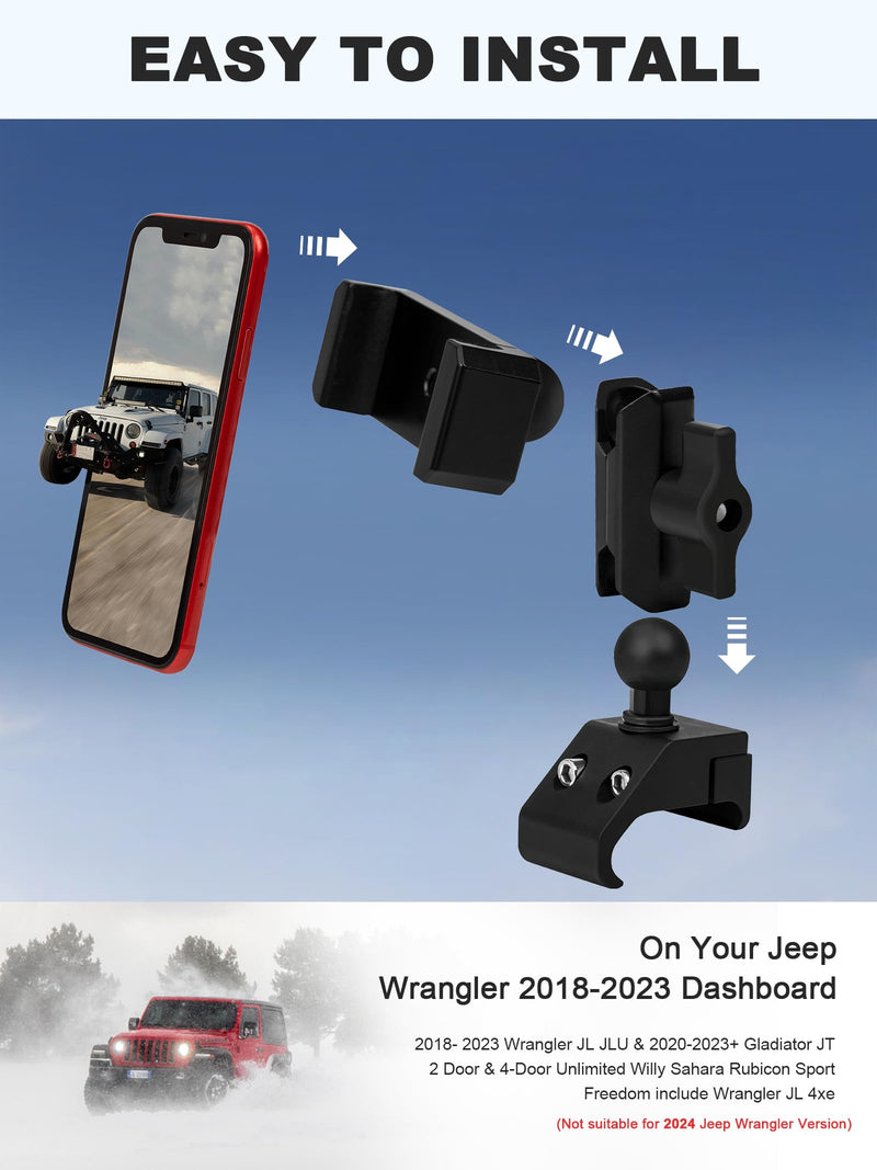 Upgraded Aluminum Alloy Phone Mount for Jeep Wrangler 2018-2023 JL JLU & 2020-23 Gladiator JT， Wrangler Phone Holder Fits All 4.7" to 6.8" Smart Device, Camera Button Friendly（Not for 2024+）