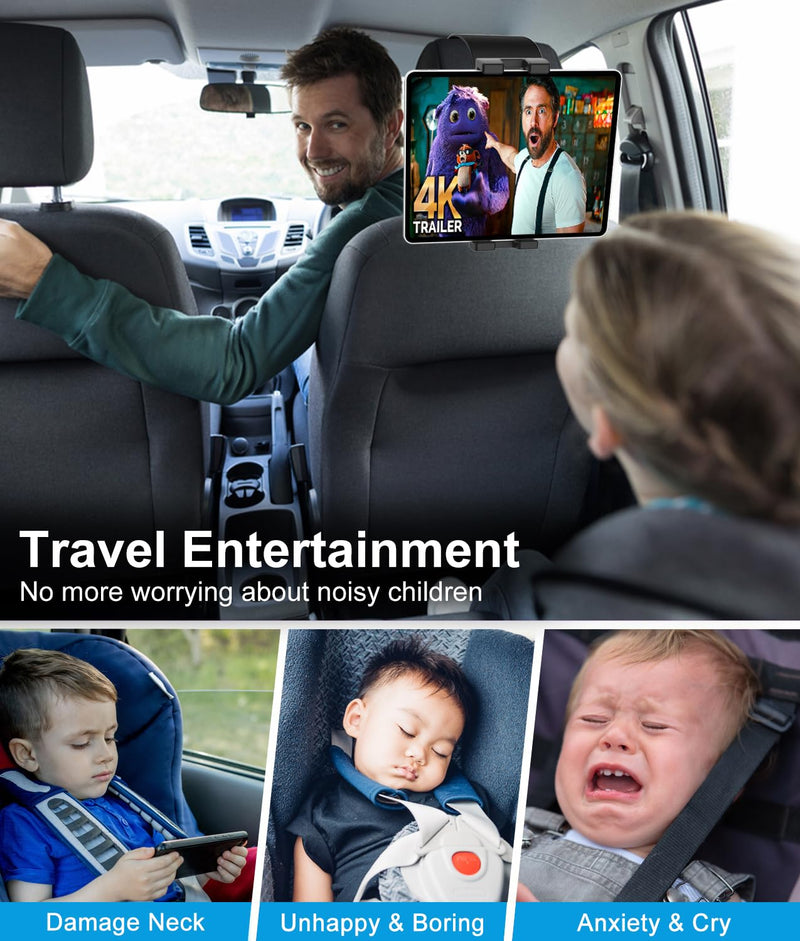 Car Headrest Tablet Mount Holder, [Highly Elastic Band] Tablet Holder for Car Back Seat, Adjustable Vehicles Kids Travel Stand for iPad Pro 12.9 Mini Air, Galaxy Tabs, iPhone, Fire, 4-13" Device