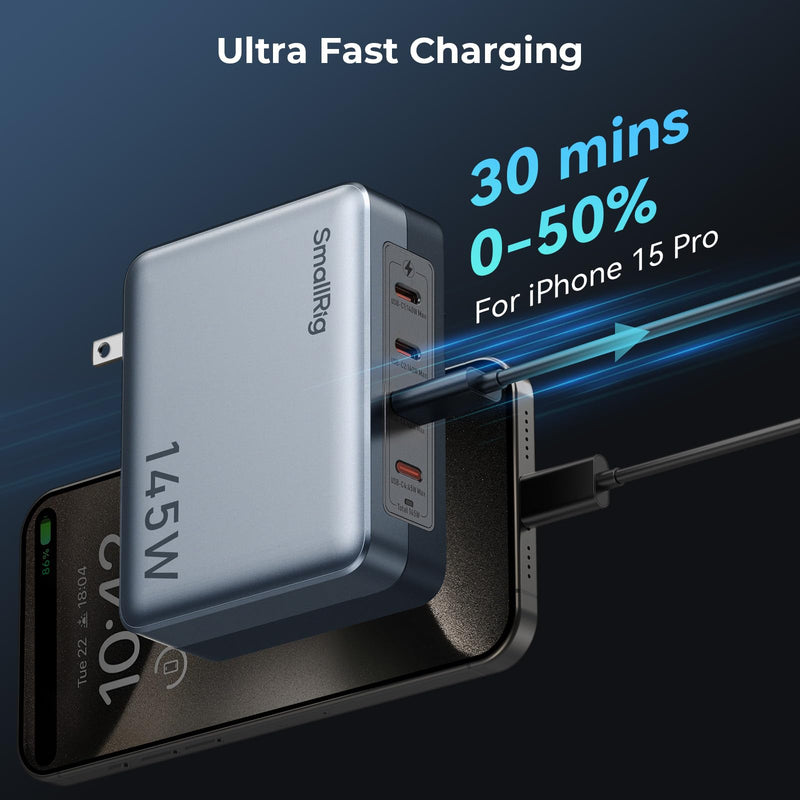 SmallRig 145W USB-C Charger, 4-Port PD3.1 GaN Fast Charger for MacBook Pro/Air PPS Wall Charger for iPhone 15, Galaxy S24/S23, Power Adapter for iPad, V-Mount Battery, Laptop, Camera - 4747