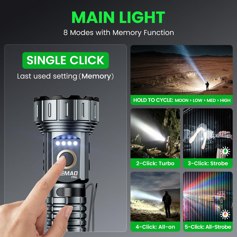 2000 Lumen EDC Flashlight Small Rechargeable Flashlight with Memory,Multi-Color Light (Warm Yellow/Red/Green/Blue/UV) with 5 Buttons,Built-in 4200mAh Battery Ideal for Home,Outdoor,Emergency Use Pocket