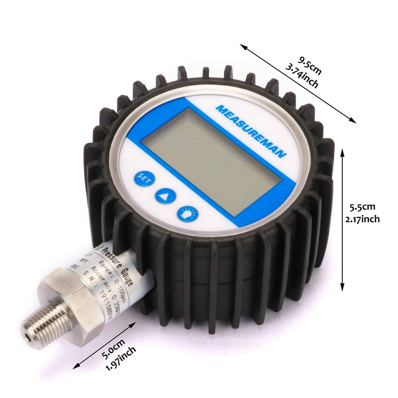 MEASUREMAN 3-1/8" Dial Size, Digital Pressure Gauge, 0-5000psi/bar/Mpa/Kpa, 1/4" NPT Lower Mount, 0.25% Accuracy
