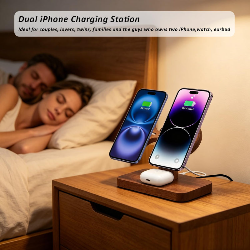 3 in 1 Wireless Charging Station for Apple Devices 24W Dual Phone Charging Station for 2 iPhone 17 16 15 14 13 12 Series iWatch 11 10 9 8 7 6 5 4 AirPod Magnetic Wireless Phone Charger Stand With Apple watch charger