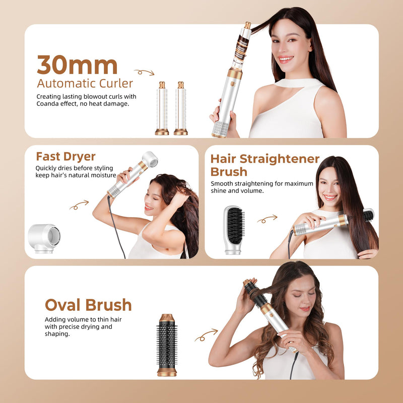 UKLISS Air Styler 5 in 1 Hair Styler Set 1000W Airbrush Hair Styler with Hot air Styler, High-Speed Hair Dryer Brush, Hair Dryer Curler, Volumizer, Round Brush, Air stylers for Women White