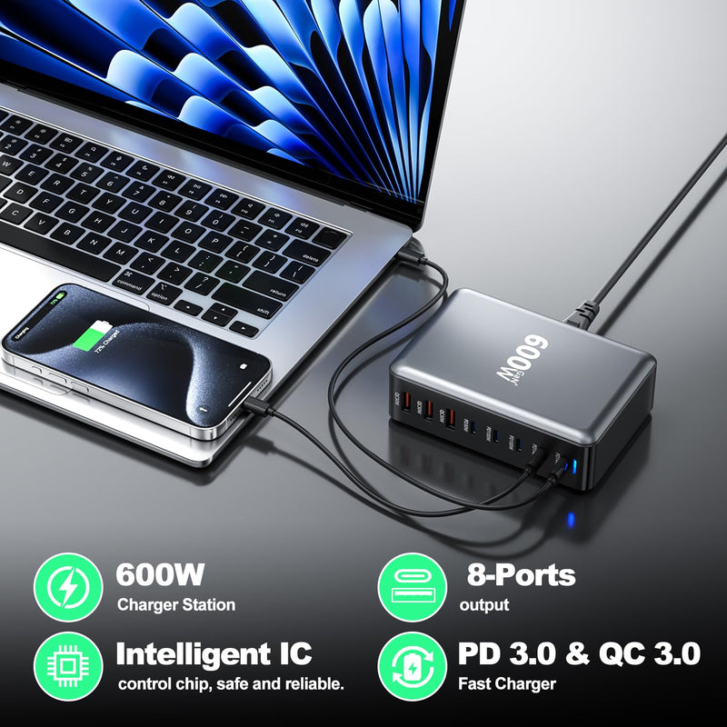 600W USB Charging Station,8-in-1 Multiple USBC Charger Block,Dual PD 140W Laptop Fast Charger Adapter,Multiple Devices Hub Compatible with MacBook Pro/Air,DELL,iPhone15/16,GalaxyS24/S23 and More