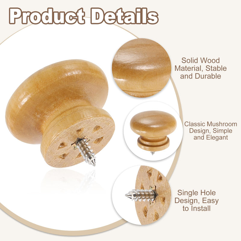 uxcell 8Pcs Round Wood Drawer Knob, 1.54" x 1.06" Self-Tapping Solid Wood Handle Round Cabinet Knob Mushroom Shape Wooden Knobs for Furniture Dresser Wardrobe, Wood Color 1.54" x 1.06"