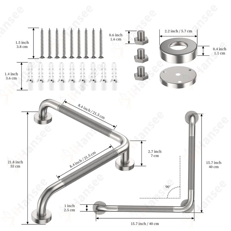  [AUSTRALIA] - Angled Grab Bar 16x16 Inch Stainless Steel Knurled Toilet Handles Wall Mounted Bathroom Handicap Safety Rails for Elderly Injured Balance Support, L-Shaped Brushed Nickel Grab Bar for Shower
