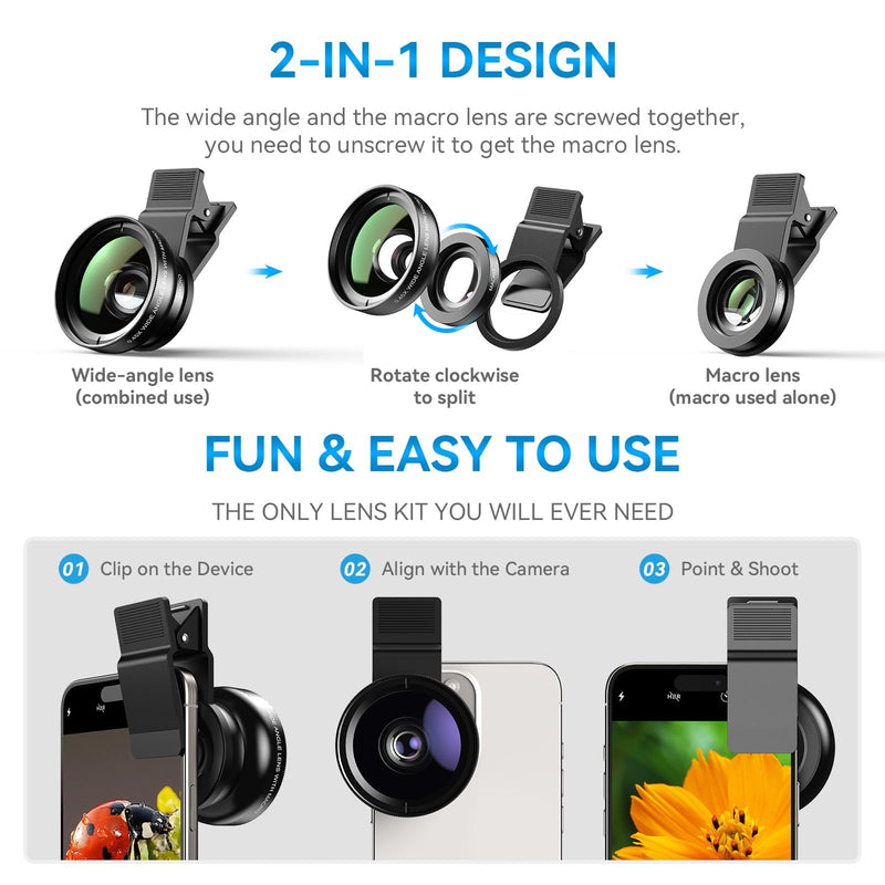 APEXEL 0.45x Wide Angle & 12.5X Macro Lens, Clip-On Phone Camera Kit | for iPhone & Android – Perfect for Selfies, Travel, and Close-Ups