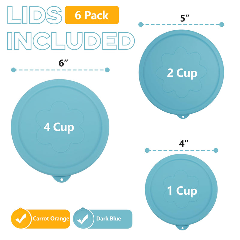 LUVCOSY 1 Cup 2 Cup 4 Cup Round Silicone Replacement Lids for Pyrex 7202-PC, 7200-PC, 7201-PC Glass Bowls, 6 Pack, Microwave & Dishwasher & Freezer Safe (Container not Included) 1 Cup + 2 Cup + 4 Cup - 6 Pack