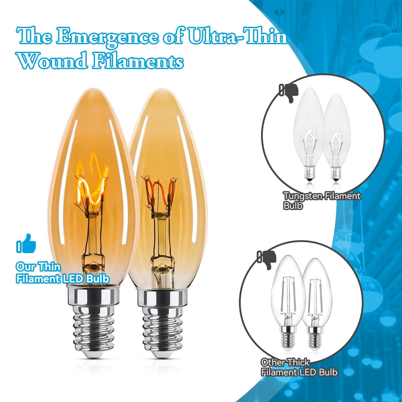 Amber Candelabra Bulb 25W Equivalent, 2W Ultra-Fine Filament E12 Base Candelabra LED Light Bulb, Dimmable Amber LED Bulbs 2000k Soft Warm 200 Lumen, Candle Chandelier Bulbs,12Pack Candle 2w=25w 2000k Soft Yellow 12 Count (Pack of 1)
