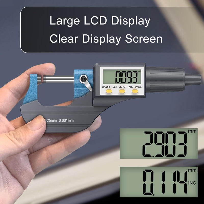 HDLKNAK Digital Micrometer, Outside Micrometer Precision Measuring Tool, 0-1"/0-25 mm, Inch/Metric 0.00005"/0.001 mm, Machinist Thickness Gauge Tool, Large LCD Display Blue