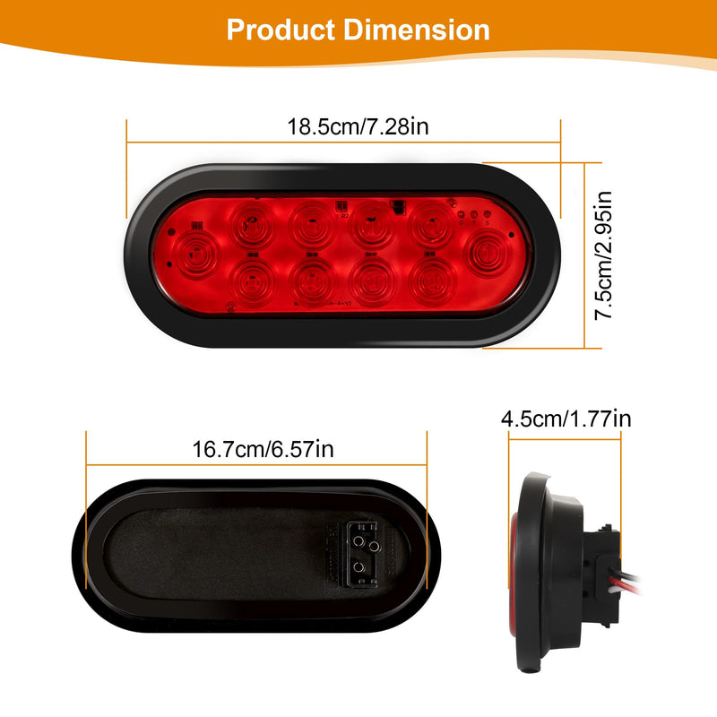 6" Oval LED Trailer Lights Kit, 2PCS Waterproof Stop/Turn/Brake Tail Lights with 10 LED Markers for Truck, RV, Boat, Trailer (Red) DOT Compliant RED
