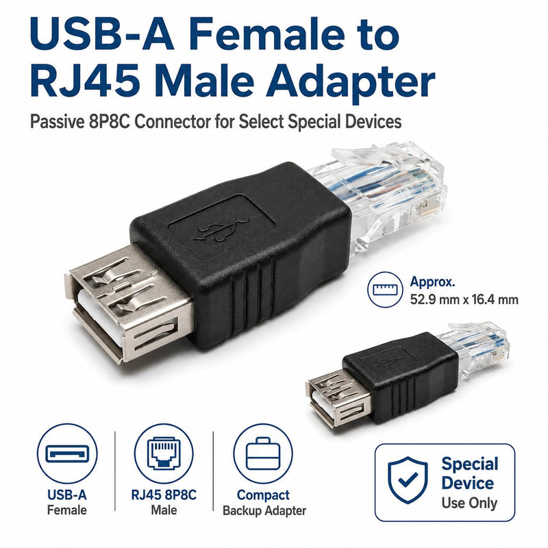 USB-A Female to RJ45 Male Passive Adapter Connector, 8P8C LAN Plug for Select ADSL Modem, Router and Network-Enabled Surveillance Device, Not a USB Network Adapter